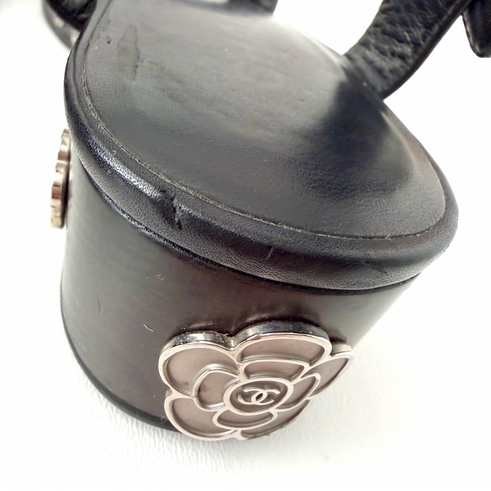 CHANEL | Camellia Logo Wood Platform Clog Sandals Black Calfskin Ankle Strap 39 - Picture 9 of 13